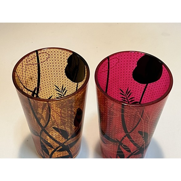 Set Of Two Partylite Red Amber Glass Candle Holders 5" Tall - Picture 2 of 5